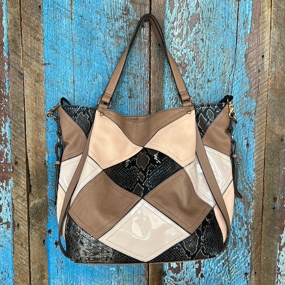 Big Buddha Tote Patchwork Diamond Faux Snakeskin Shoulder Bag - Picture 1 of 12